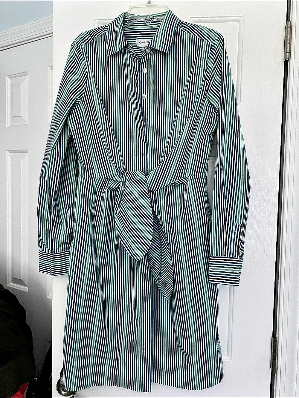 Calvin Klein Striped Tie-Waist Shirt Dress in Green & Blue Size 6 Like N​